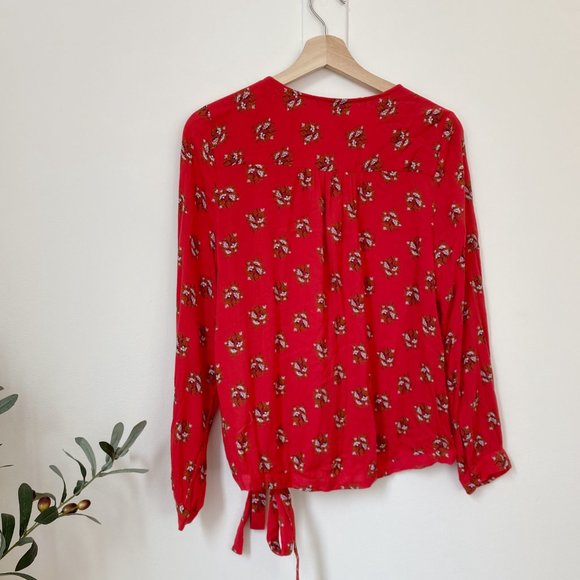 LUCKY BRAND LONG SLEEVE V NECK RED FLORAL PRINTED SURPLICE BLOUSE MEDIUM - Picture 2 of 5